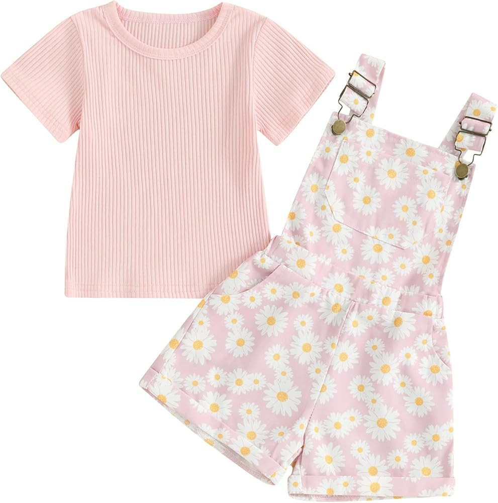 fhutpw Toddler Baby Girls Summer Outfits Daisy Ruffle Short Sleeve T-Shirts Tops Floral Shorts 2P... | Amazon (US)