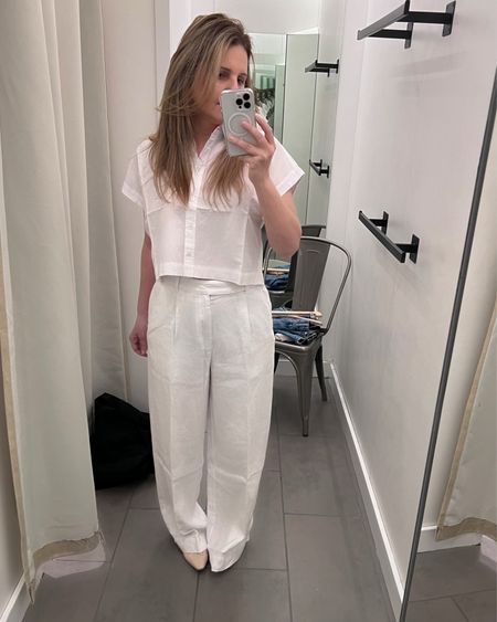 Stopped by Madewell for a quick fit check… I pulled an all white loose fitting outfit. On top it’s a short sleeve camp shirt in a small and on bottom, linen-like trousers in a 4, these are a size too big but there was no size 2 *so here’s what the 4 looks like on me. 

This is a tailored look that can be worn with heels or flats. I’m wearing my beige ballet flats here. 

#LTKstyletip #LTKworkwear #LTKxMadewell