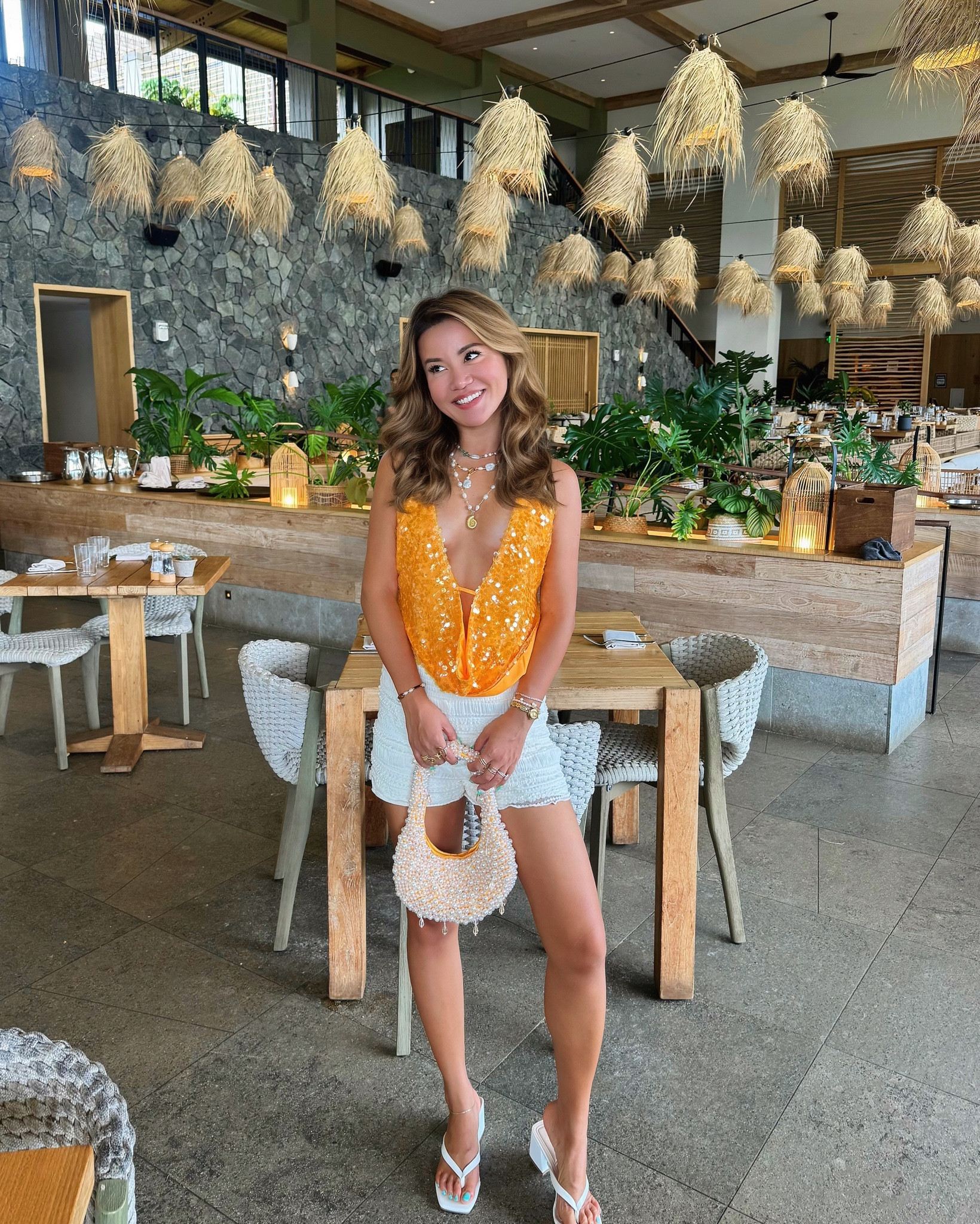 Sequin season✨

Vacation wear, sequin Top, orange top, pearl bag, White short, White sandals, flip flop, sequin top

#LTKSeasonal #LTKSwim #LTKTravel