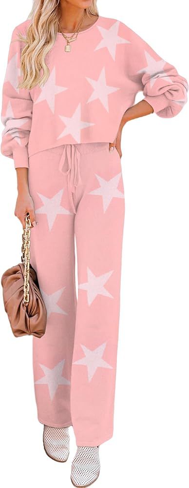 Ekouaer Knit Lounge Sets for Women 2 Piece Cozy Long Sleeve Pullover Sweater Top and Wide Leg Pants Set Pajamas Outfits | Amazon (US)