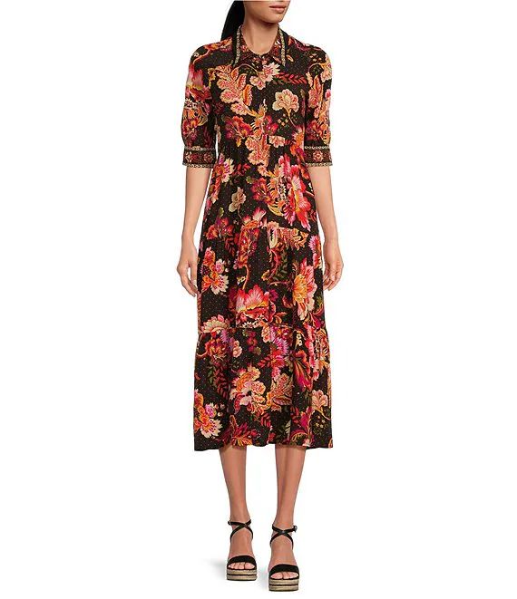 Floral Print Button Front Point Collar 3/4 Sleeve Tiered Midi Shirt Dress | Dillard's