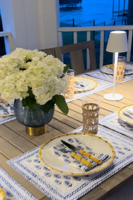 Summer tablescapes must haves! 
Blue and white block, Pratt, napkins and placemats 
Bamboo edge melamine dinner plates 
Raffia, wrapped, drinking glasses 
Mini dining table, LED lamps 


#LTKSeasonal #LTKhome #LTKunder50