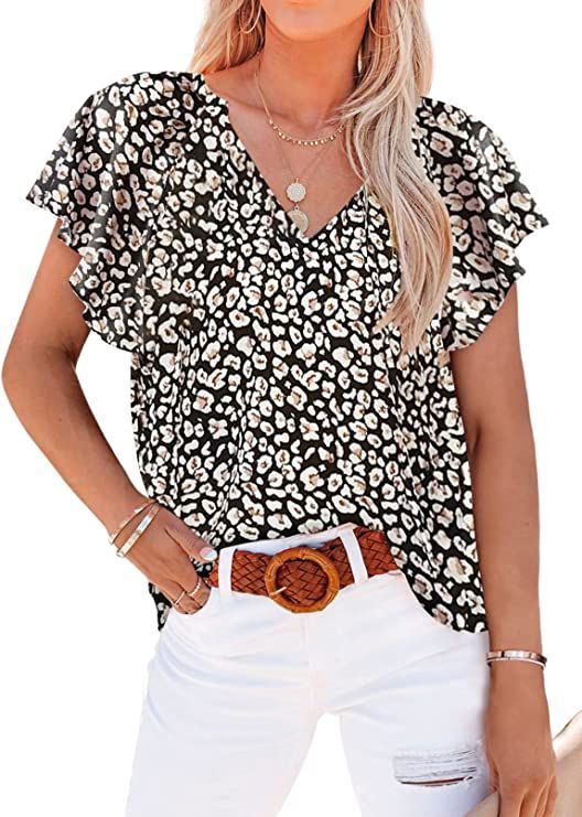 SHEWIN Womens Fashion Floral Print V Neck Spring Boho Tops Loose Fit Casual Short Sleeve Bohemian... | Amazon (US)