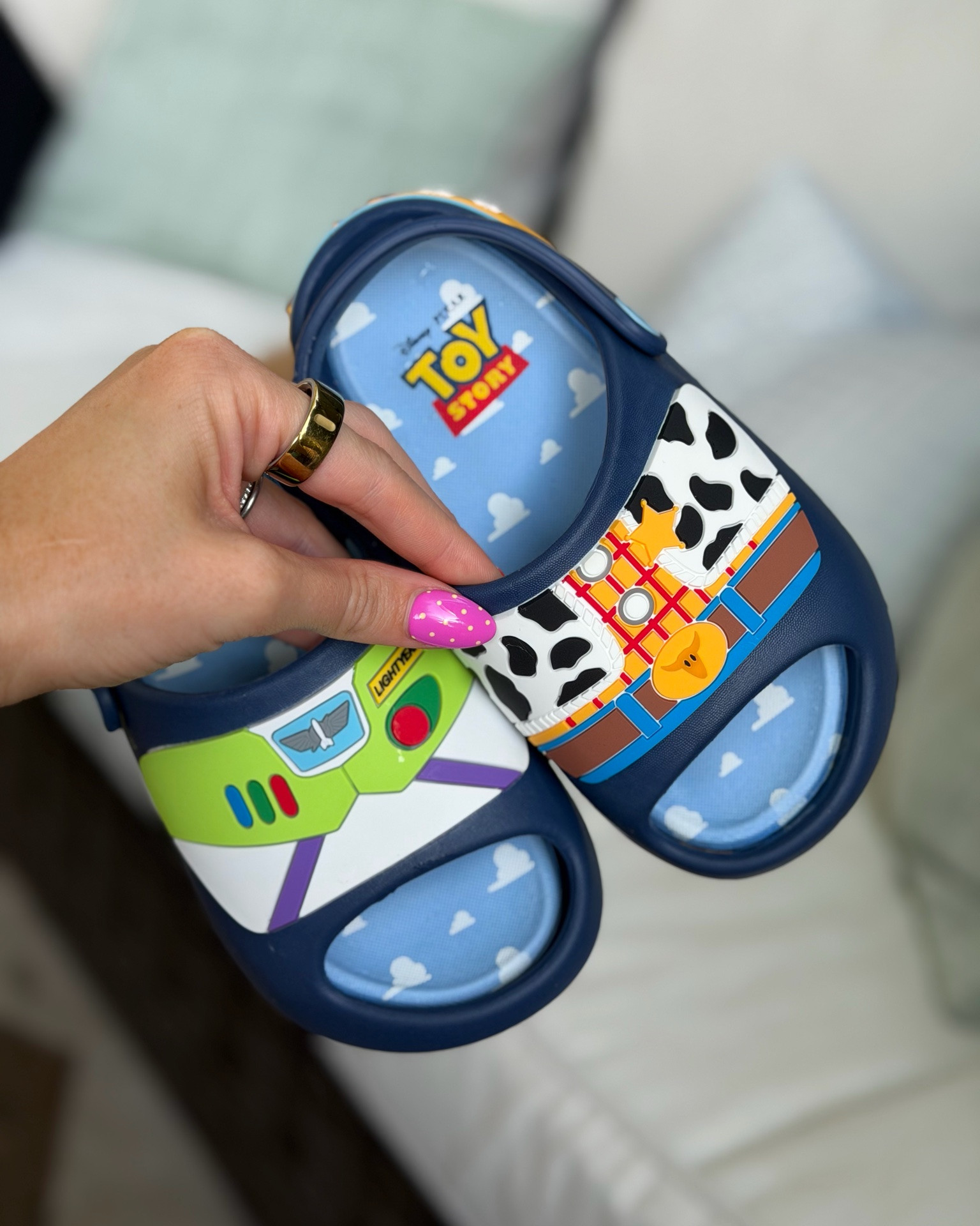 The cutest $20 slides for our boy! He begged for them and Alex brought them home 🤣 he said they are his outside play shoes. He was so excited to wear them outside today!💚💜

Toy Story, buzz and woody, toddler slides, boys shoes, boys slides, summer shoes, target find

#LTKmomlife #LTKKids