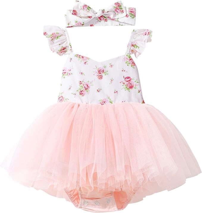 Flofallzique Summer Toddler Floral Romper Ruffle Sleeves Fancy Baby First Birthday Outfit Tutu Dr... | Amazon (US)