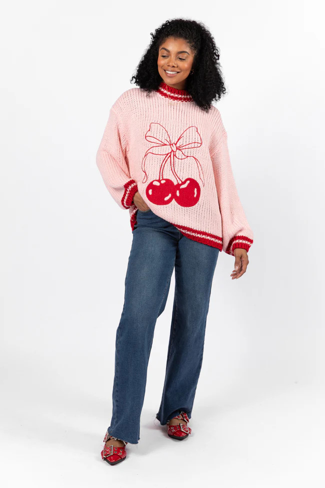 Cherry Sweet Pink and Red Bow Sweater | Pink Lily