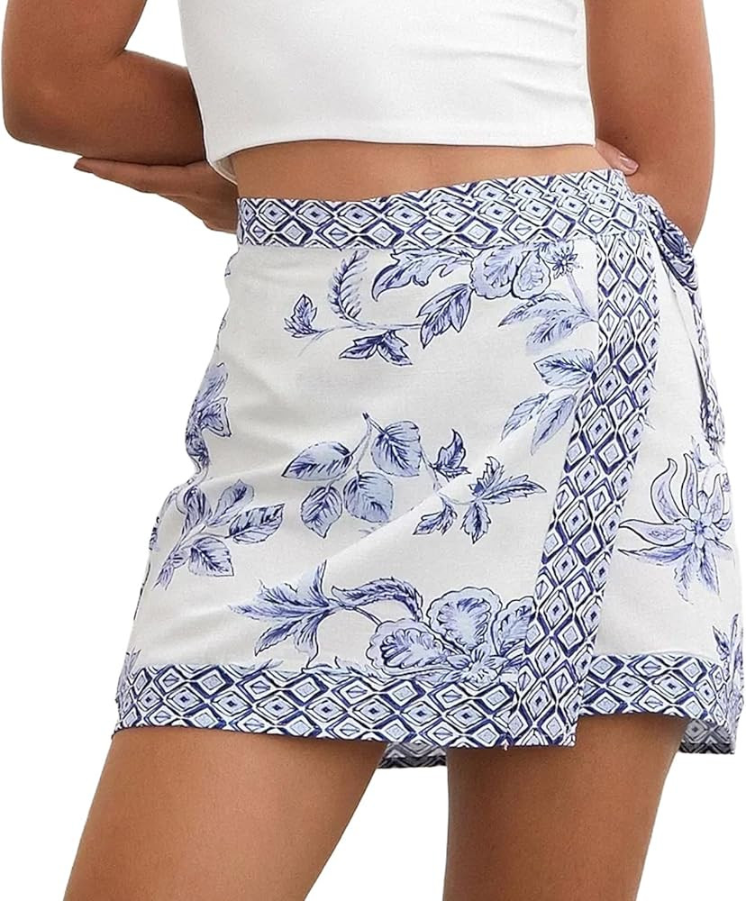 Womens Floral Wrap Short Skirt Summer Beach Mini Skirt Casual Knot Side High Waist A Line Vacatio... | Amazon (US)