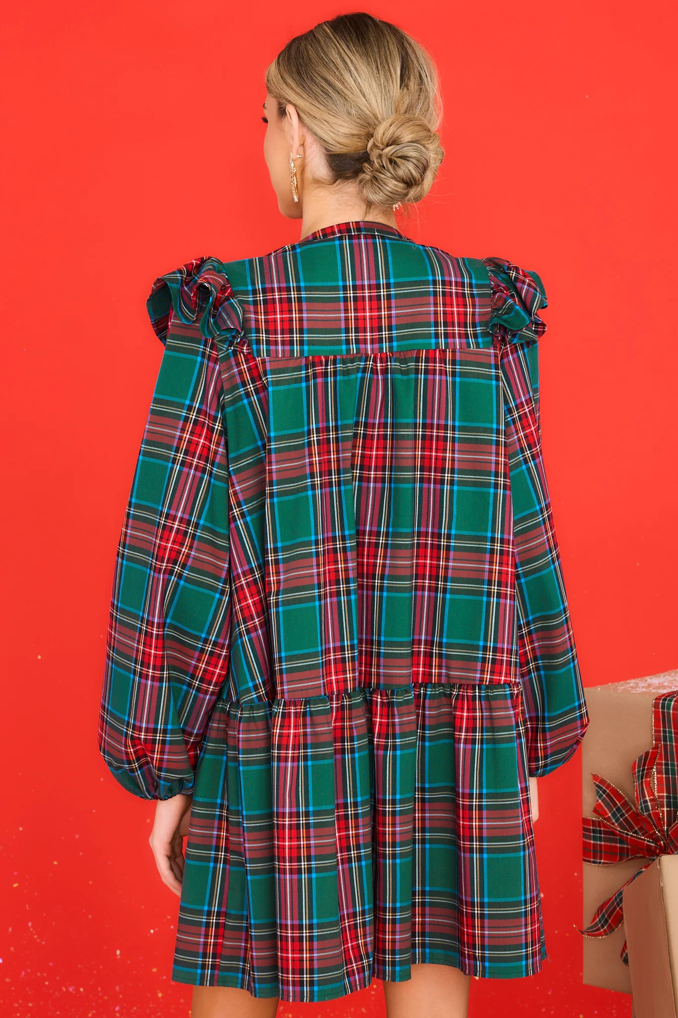 Yuletide Elegance Green Plaid Dress | Red Dress 