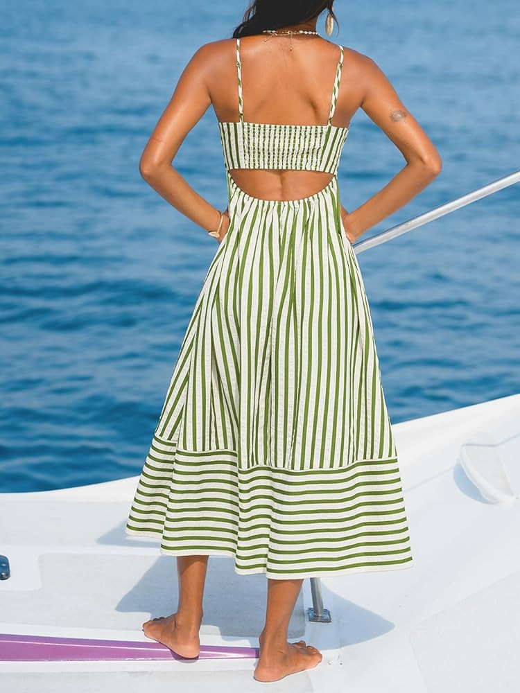 CUPSHE Womens Summer Maxi Dress Striped Sleeveless Square Neck Cutout Backless Cami Strap Casual Beach Long Dress 2026 | Amazon (US)