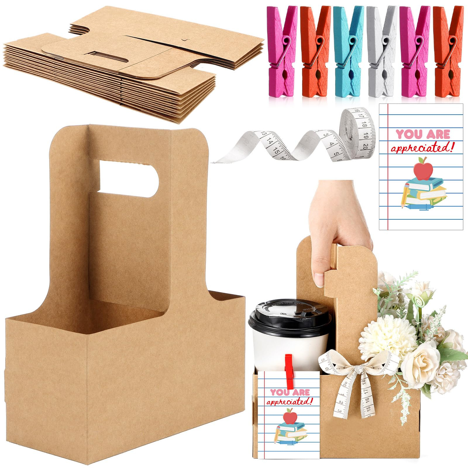 12 Set Teacher Appreciation Gifts 2 Cup Drink Carrier with Handle Kraft Flower Bags with Greeting... | Amazon (US)