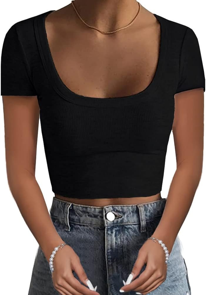 Women's Short Sleeve Square Neck Cropped T Shirts Slim Fit Ribbed Knit Basic Crop Tops | Amazon (US)