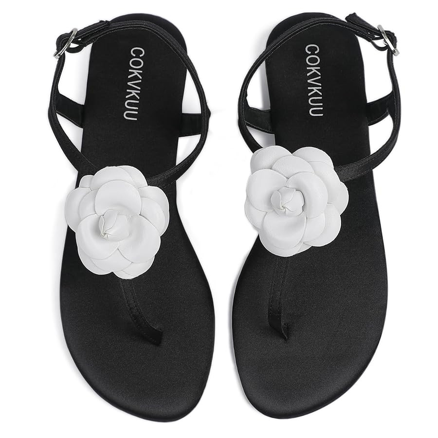 Women's Black Satin Floral Sandals with T-Strap, Herringbone Sole Fashionable and comfortable sat... | Amazon (US)
