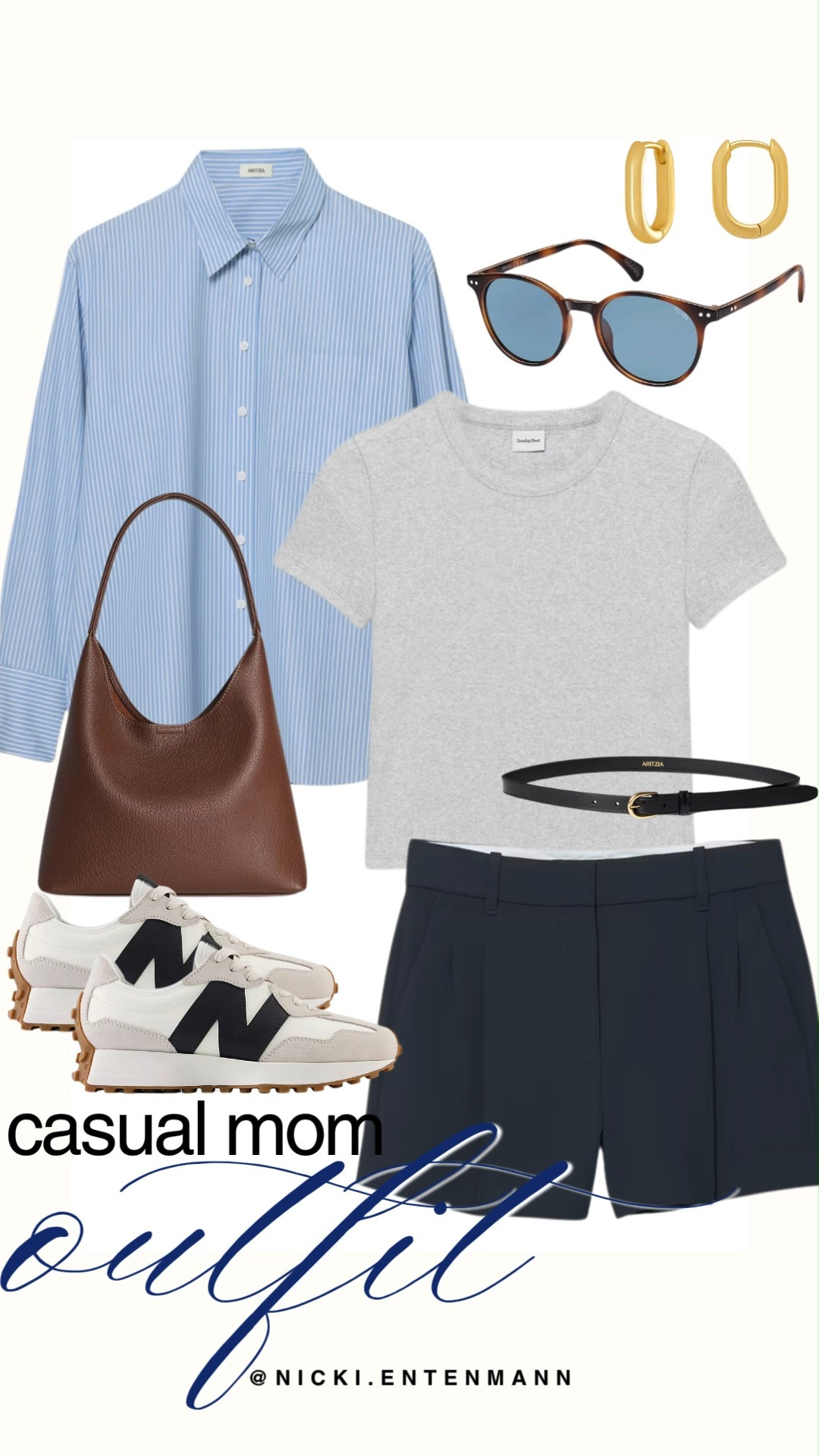 Nail everyday style with this casual mom outfit featuring a blue striped button-down layered over a grey tee and navy shorts. Neutral New Balance 327 sneakers, a brown leather shoulder bag, and a slim black belt add functional flair. Oval gold hoops and blue-tinted tortoise sunglasses complete the polished preppy look.

#casualmom #momstyle #preppycasual #everydayfashion #outfitinspiration 

 #LTKootd #LTKmomlife #LTKTravel