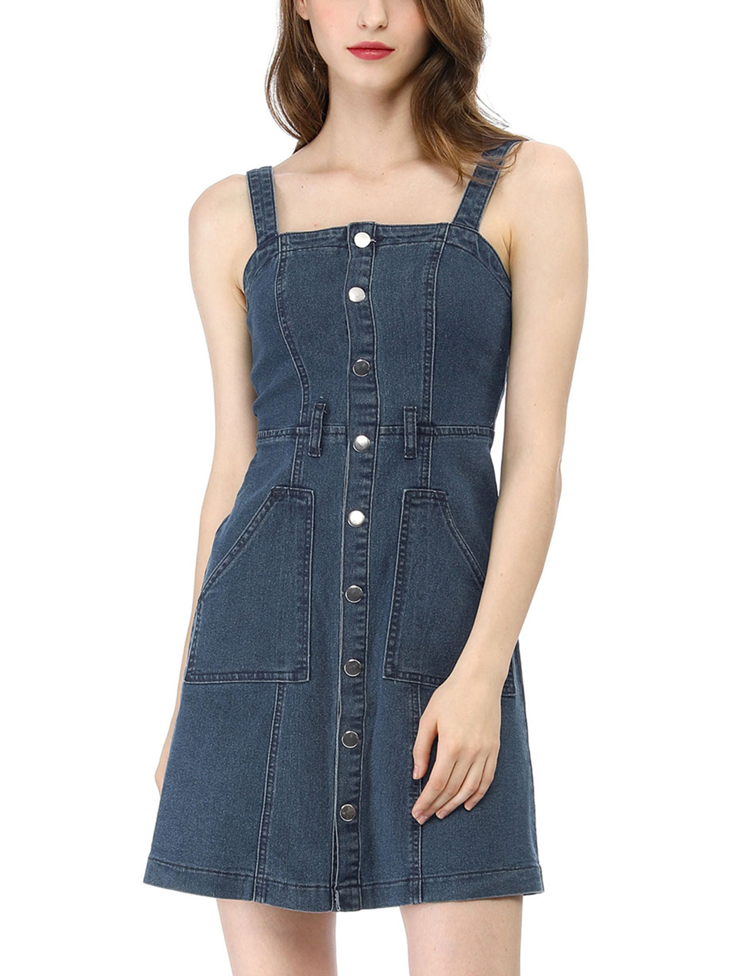 Unique Bargains Women's Adjustable Strap Tie Waist A-Line Denim Dress S Dark Blue | Walmart (US)