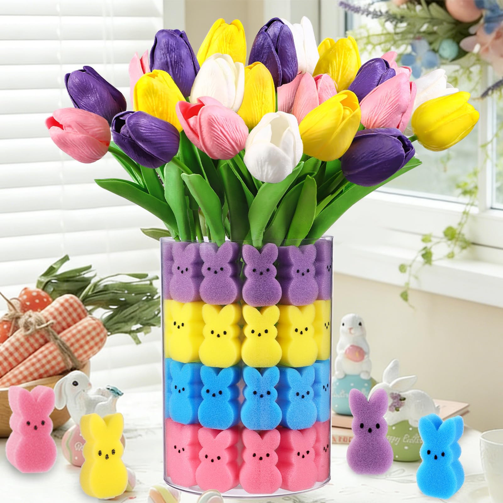 JOICEE Easter Decorations, 15pcs Artificial Tulips with 48pcs Sponge Bunnies Vase Filler Set Fake... | Amazon (US)