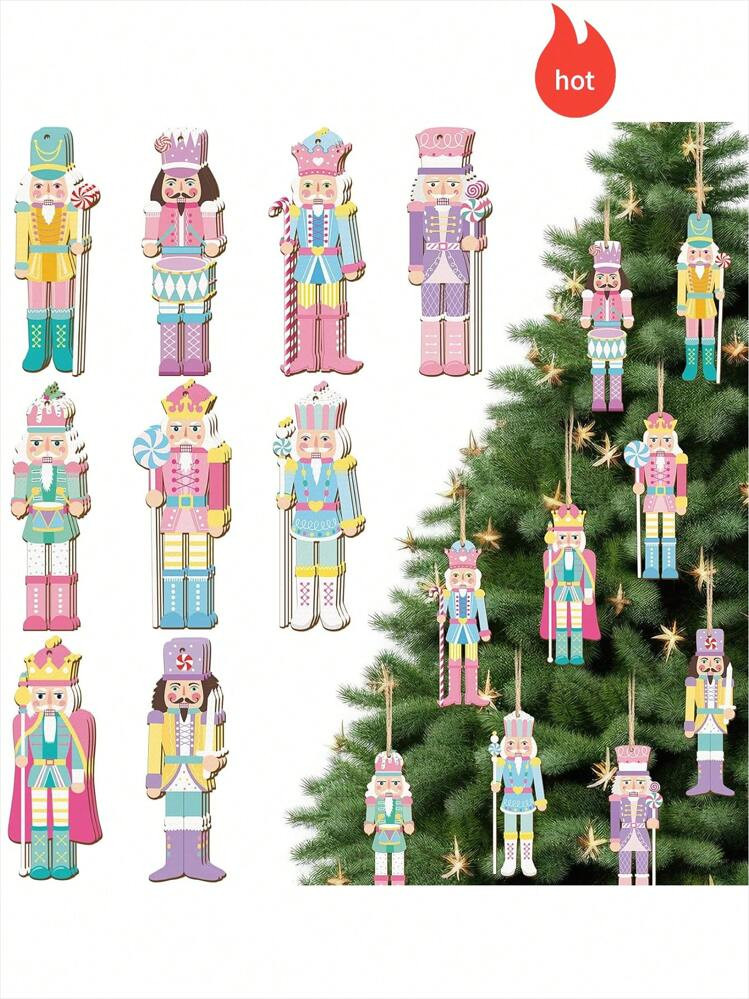 9pcs/18pcs/27pcs/36pcs Christmas Nutcracker Figurines, Wooden Crafts With String, Candy-Style Nutcracker Ornaments, Christmas Tree Decor, Suitable For Home Gathering And Christmas Party Decoration | SHEIN