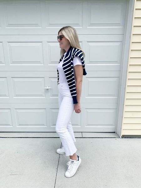 White jeans outfit idea, striped sweater, sneakers 

#LTKshoecrush #LTKunder100 #LTKstyletip