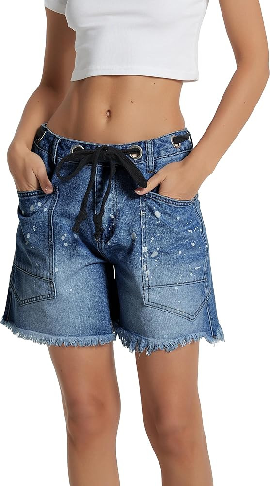 D-Sun Women's Denim Shorts Drawstring Mid Waist Straight Leg Raw Hem Casual Summer Jean Shorts | Amazon (US)