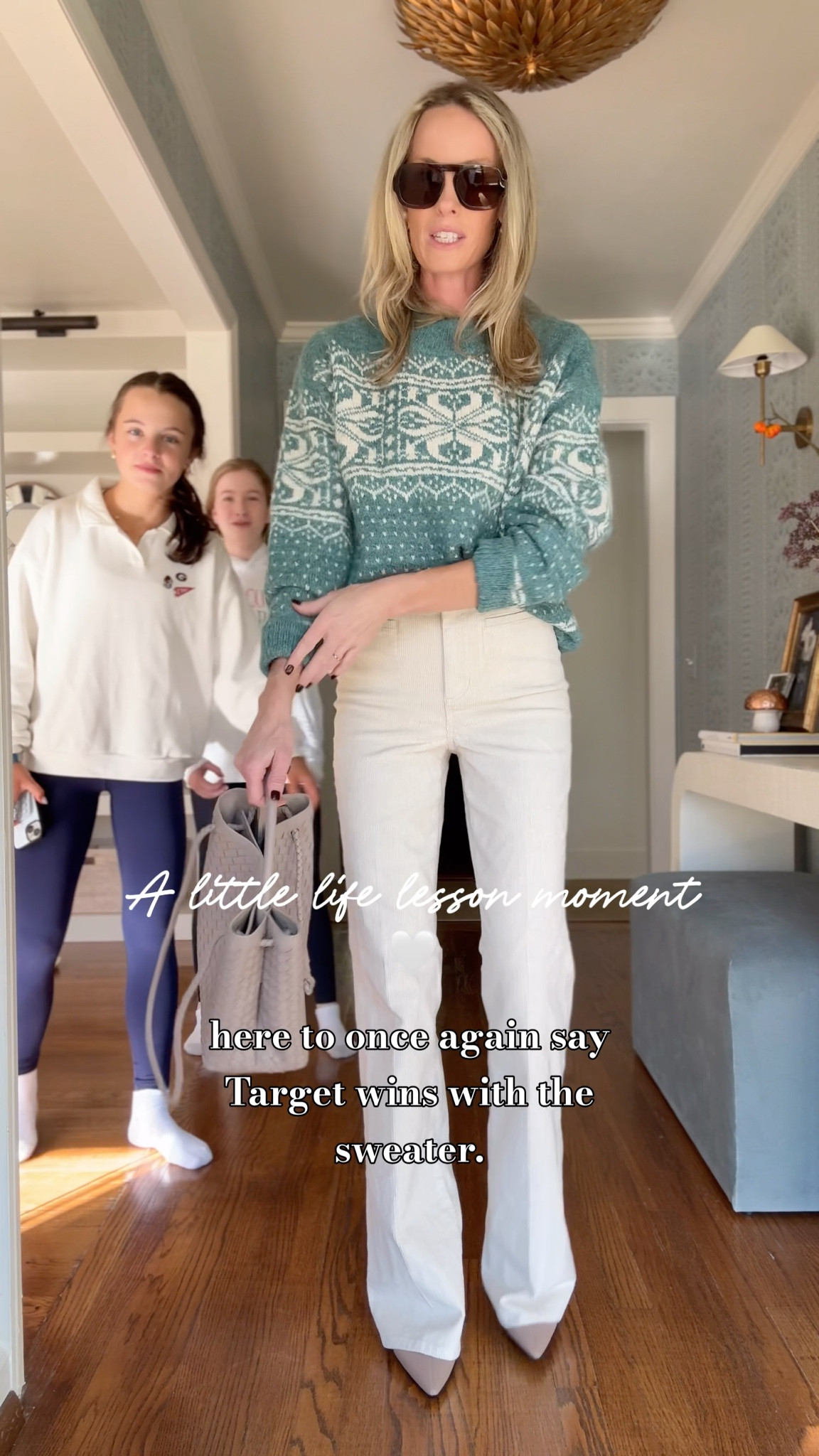 Target for the WIN AND a little impromptu teaching moment to these girls! Price and Brand no not dictate style. How you feel and how the item fits your body is all that matters 🤍🩶🤍

Size M sweater and size 26 pants!  