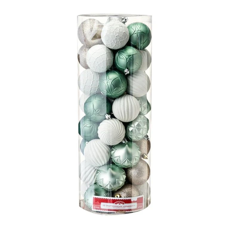 Holiday Time Teal, Sage & White Shatterproof Christmas Ornaments, 50 Count | Walmart (US)