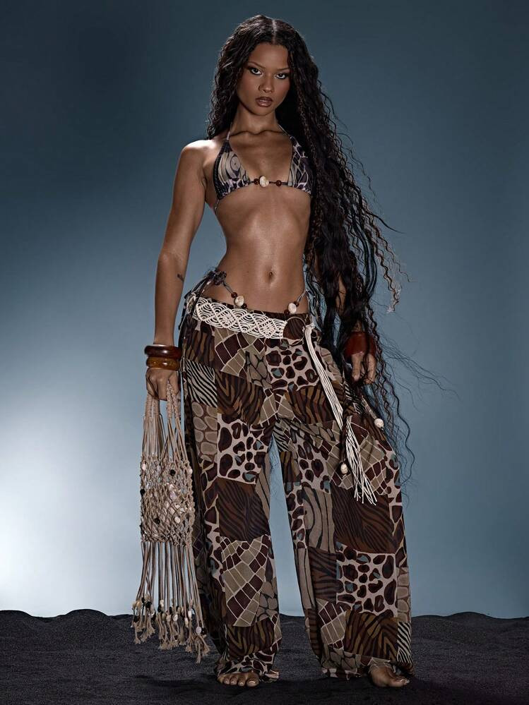 Musera Resort Low Rise Relaxed Beaded Tie Trousers Summer Sexy Festival Holiday Ibiza Rave Boho Beach Cover Up Animal Print Vacation Escapade Birthday Party | SHEIN