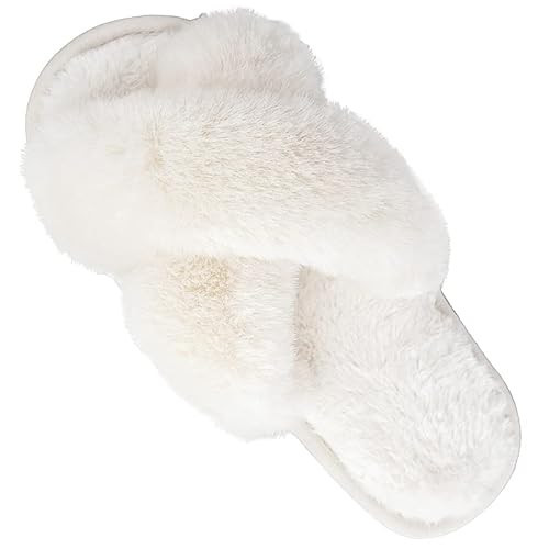 Hi Clasmix Fuzzy Slippers for Women-Cross Band Cozy House Home Bedroom Fluffy Slippers Plush Furry Open Toe Slide Slipper(White, 7-8 | Amazon (US)