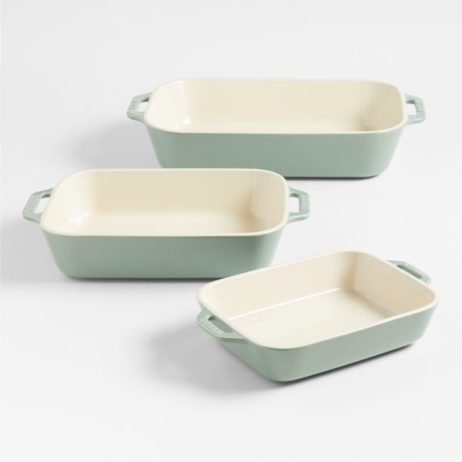 Staub ® 3-Piece Eucalyptus Green Ceramic Baking Dish Set | Crate & Barrel