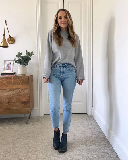 Light wash jeans (wearing size 26, tts) with cozy gray sweater and chelsea boots 

#LTKstyletip #LTKunder100 #LTKSeasonal