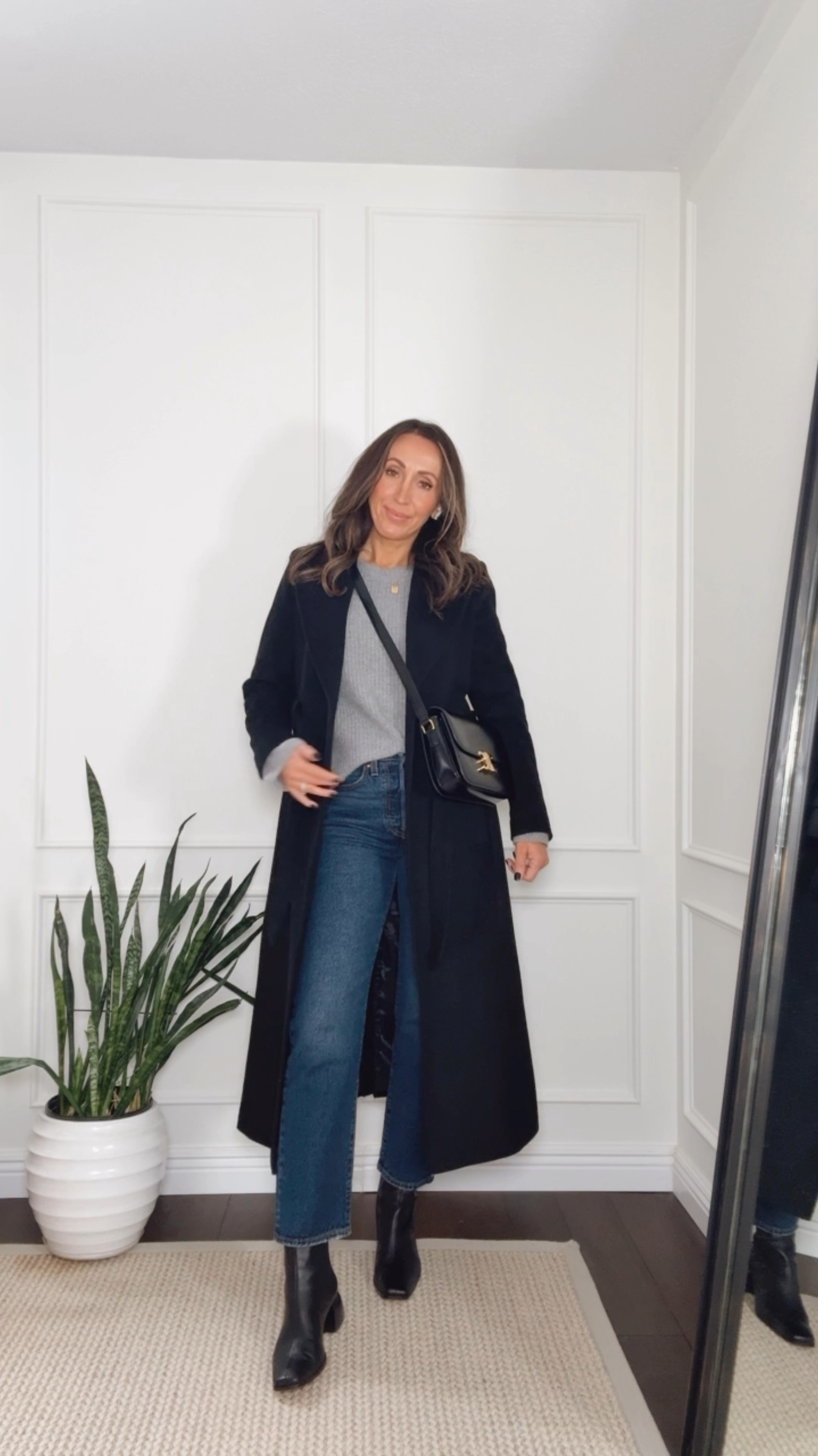 So nice I bought it twice - this cashmere sweater has been a favorite for a few years now (wearing size small). My black one is in Medium- I wanted it slightly oversized.  
I sized up in these Levi’s jeans - while they fit I could use a tad more room.
Booties - still a favorite pair I bought in 2023. The updated version has size zipper (smart move).
Black coat is old Ralph Lauren - there is an updated similar style (not on sale yet) but also linking other options I would consider. 
Bag is Celine - linking gorgeous alternatives.  

#LTKOver40 #LTKShoeCrush #LTKStyleTip