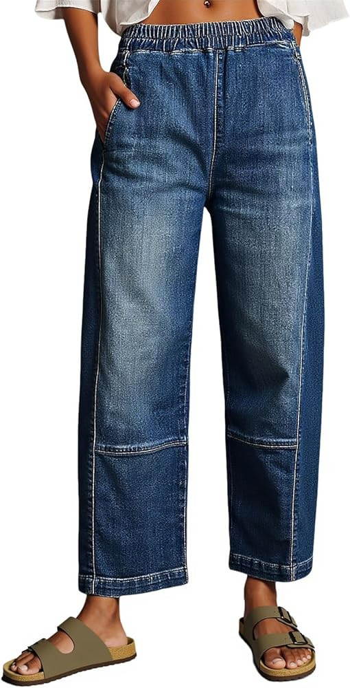 Cicy Bell Womens Baggy Cropped Jeans Elastic High Waisted Wide Leg Trendy Stretchy Seam Barrel Ca... | Amazon (US)