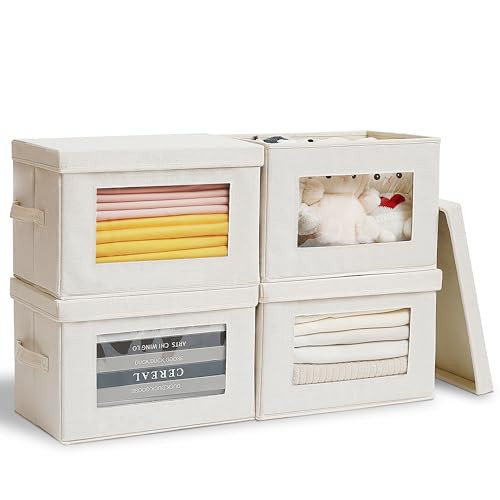 Citylife 4-Pack Storage Bins with Lids, Fabric Foldable Storage Bins with Soft Cord Handles, Cube Closet Storage Baskets with Lids, Organizers for Organizing Clothes and Books, Beige | Amazon (US)