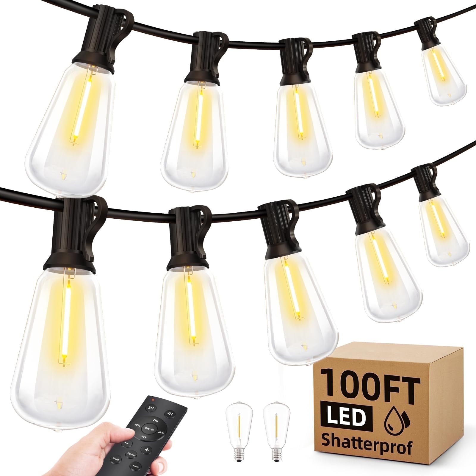 Outdoor String Led Patio Lights, 100Ft Waterproof Light 28 Bulbs+2 Spares with Remote Dimmable ST... | Walmart (US)