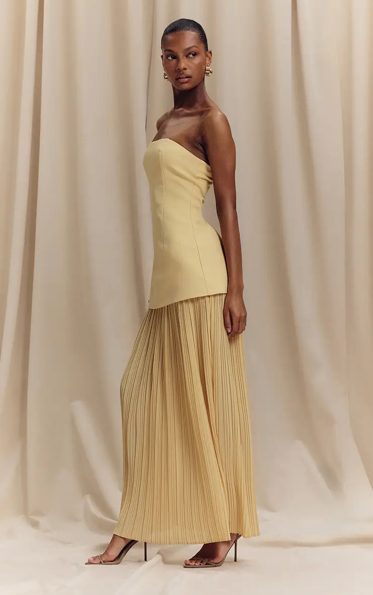 Lemon Chiffon Pleated Skirt Panel Bandeau Maxi Dress | PrettyLittleThing UK