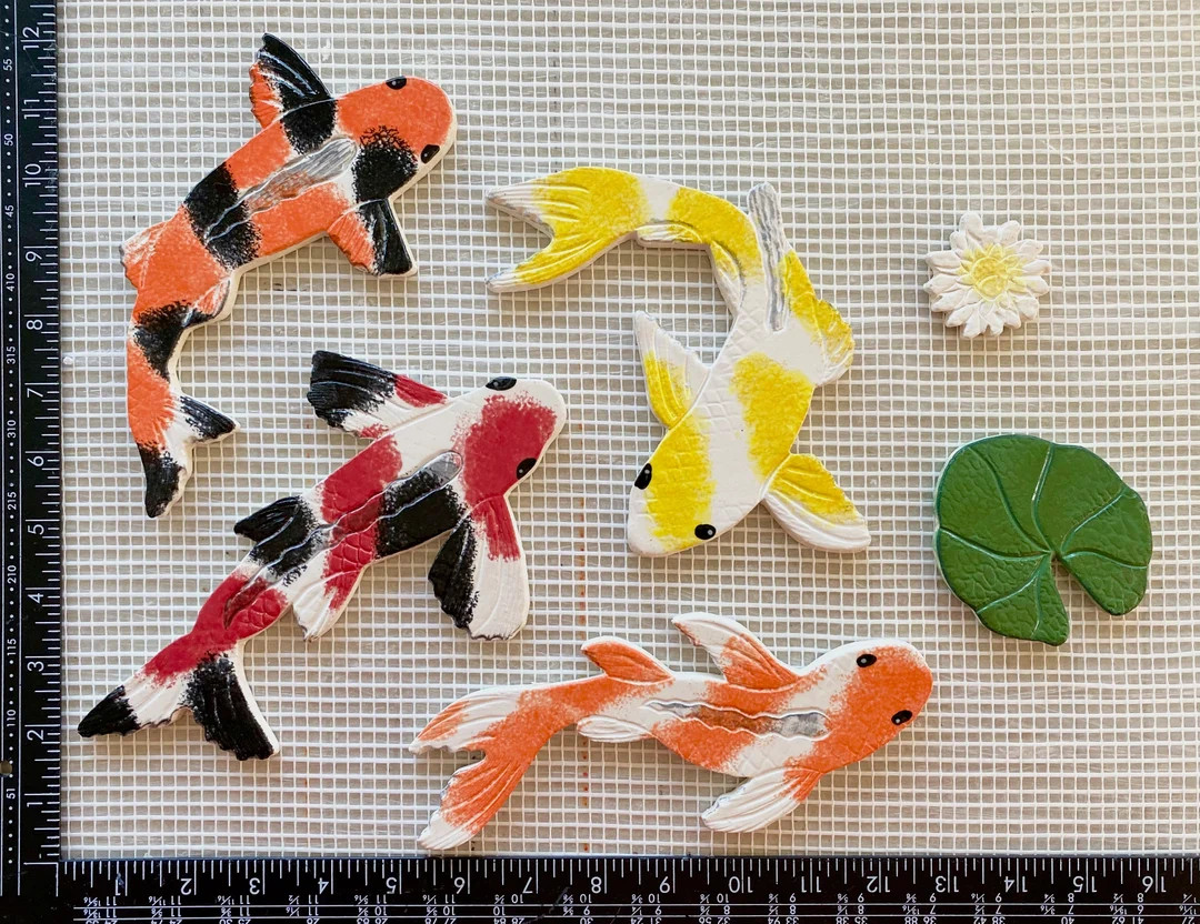 Back in stock! NEW LARGER DESIGN. Set of 4. Custom Ceramic Tile Koi Fish plus Lilly Pad and Flowe... | Etsy (Global)