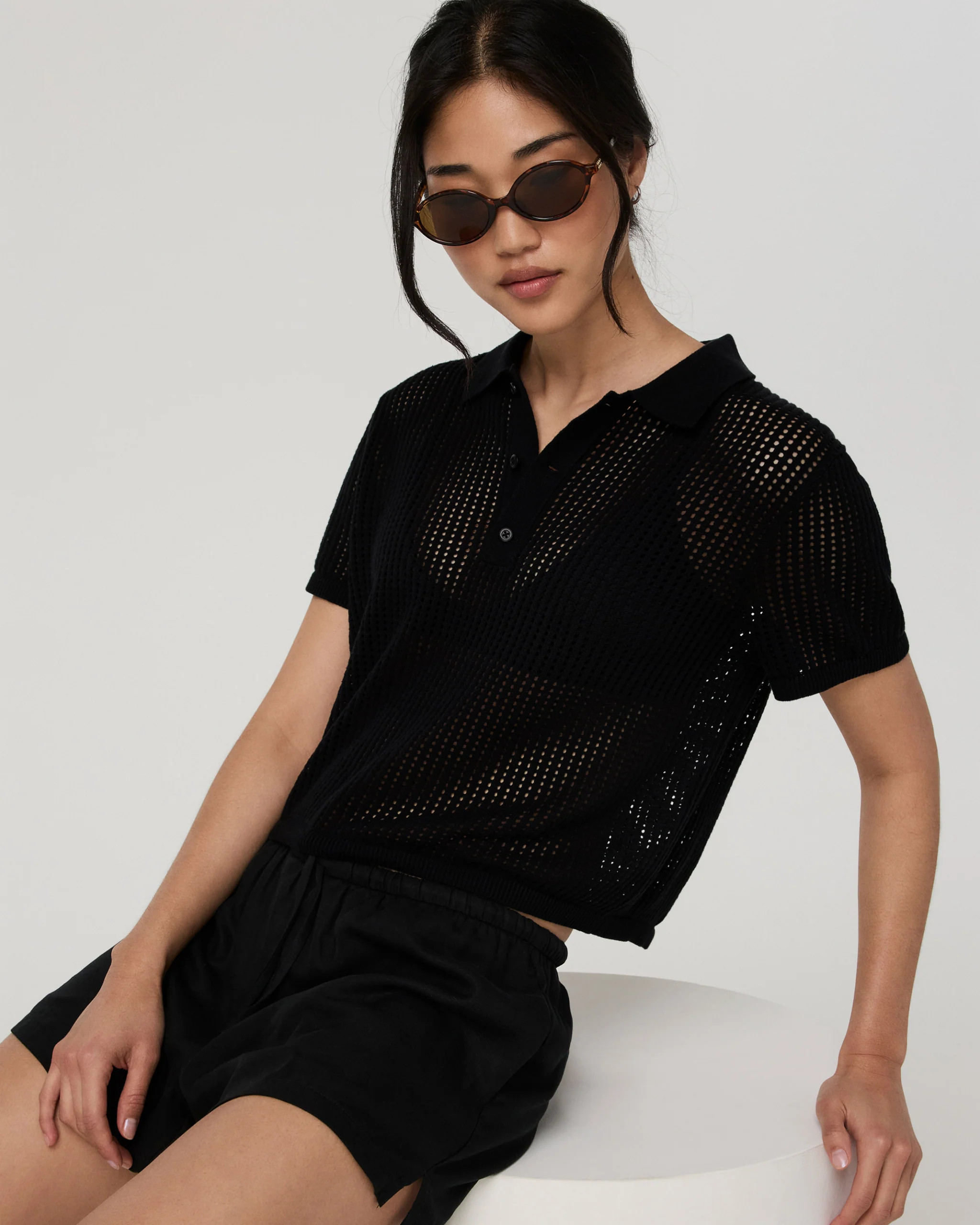 Short Sleeve Knitted Mesh Polo – Black Cotton Knit Top – Vuori | Vuori Clothing (US & Canada)