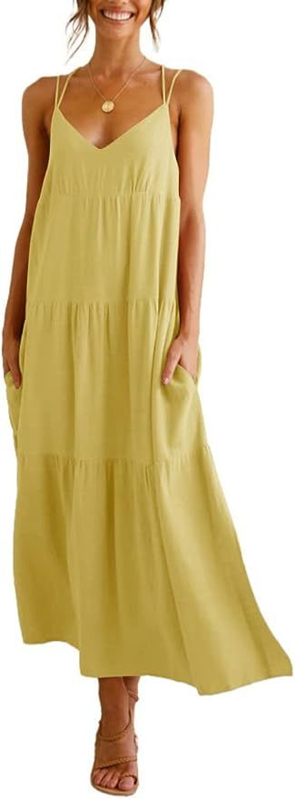 Febriajuce Women’s Summer Maxi Dress Casaul Spaghetti Straps Solid V-Neck Backless Cami Dresses... | Amazon (US)