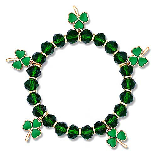 PHALIN St.Patrick’s Day Bracelets Lucky Leaf Shamrock Charm Bracelet for Women Girls Green Beaded Stretch Bracelet Festive Costume Party Accessory Gifts, crystal | Amazon (US)
