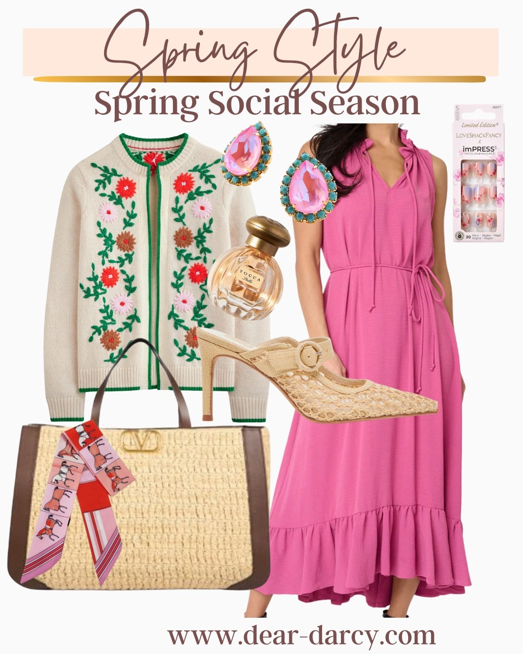 Spring style
Spring Social Season

Under $50 The cutest pink dress (I own in rust) by Gibsonlook  fits tts  slightly ruffle bottom tie waist and has pockets. 
🚨 save 10% off with code DARCY10

Beautiful embroidered sweater by Boden perfect for spring 💐

A splurge- Valentino straw tote (this is on my wish list) 

Stunning dolce vita  kitten heals  fit tts

Pink and turquoise pear earrings  (I own these and also in Emerald ) Anthropologie under $70

Tocca perfume, smells so good $28

Press on nails by love shack fancy collab with impress! So cute $14

Amazon find scarf $7-9.99

#LTKStyleTip #LTKItBag #LTKShoeCrush