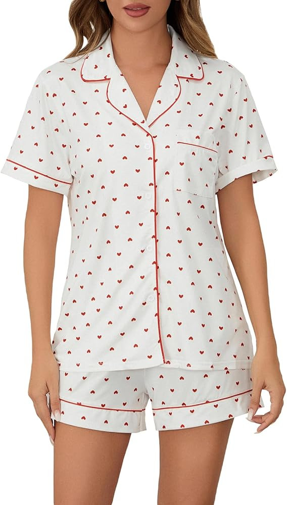 Womens 2 Piece Pajamas Shorts Set Valentine Love Heart Print Short Sleeve Button Shirt&Shorts Lou... | Amazon (US)
