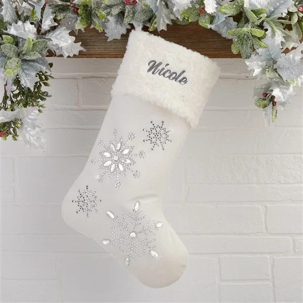 Season's Sparkle Embroidered Ivory Stocking | Personalization Mall