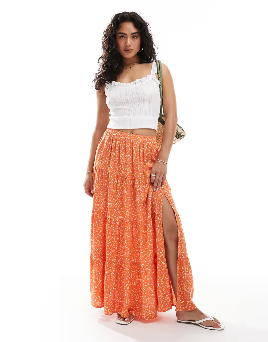 Miss Selfridge side slit tiered maxi skirt in orange ditsy-Multi | ASOS (Global)