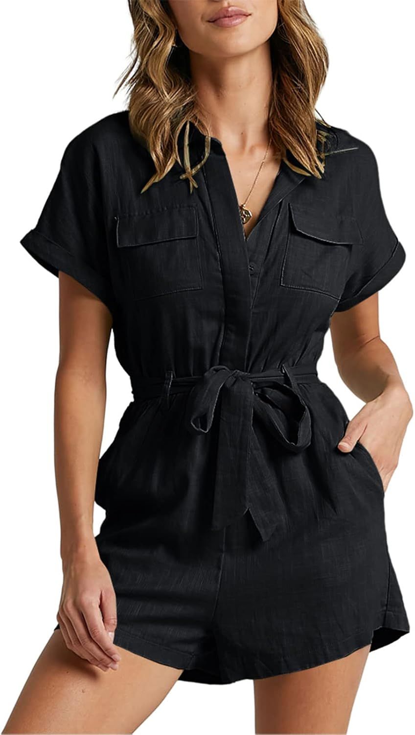 MIRACMODA Women Playsuit Short Sewn Cuffed Sleeves Collared Belted Pocket Button Rompers | Amazon (US)