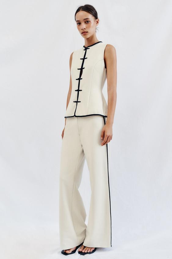 Zara - Contrast Piping Frog Fastening Top - Mid-Ecru - S - Woman | Zara US