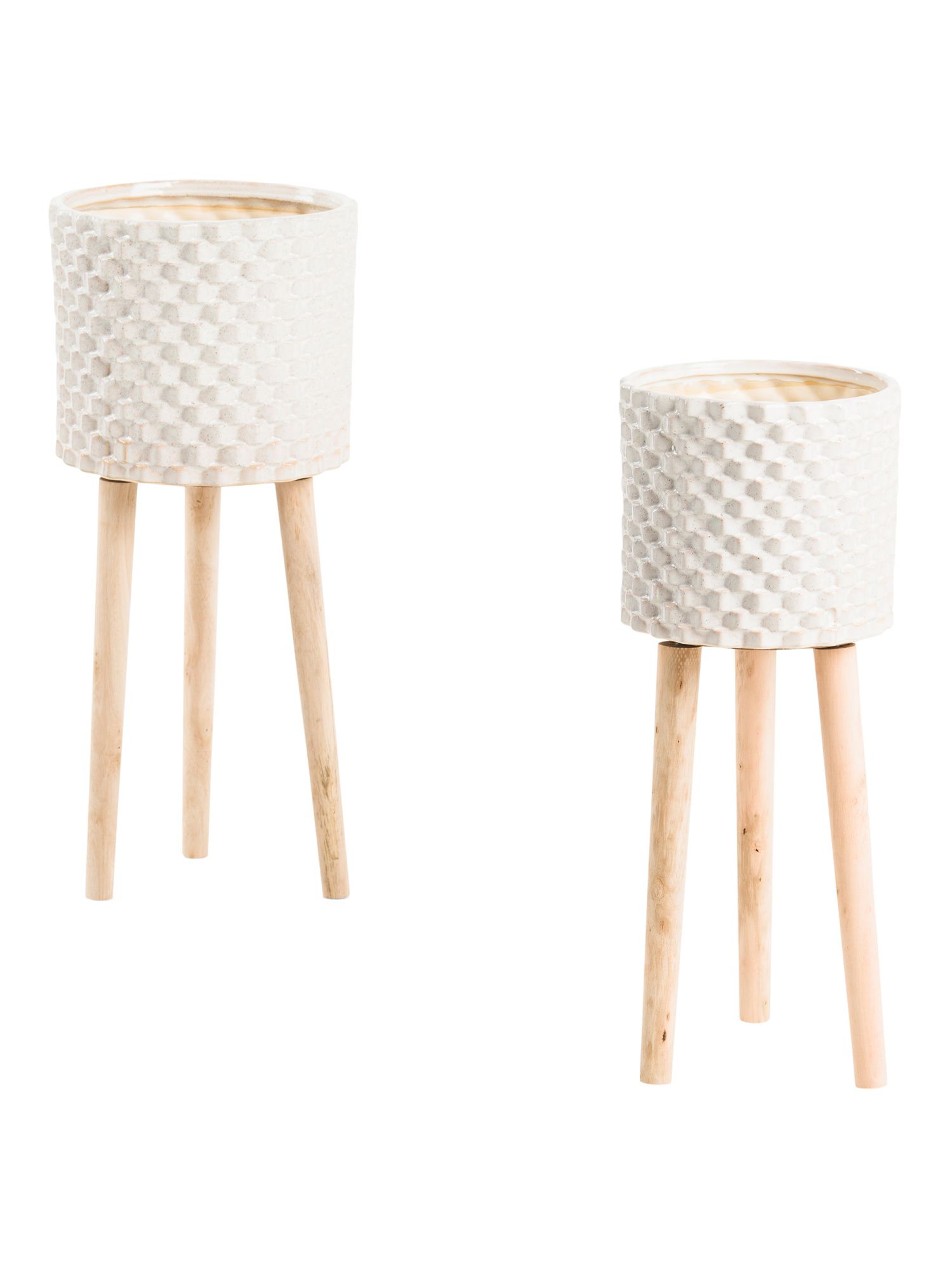 Set Of 2 Ceramic Textured Planters With Wooden Legs | TJ Maxx