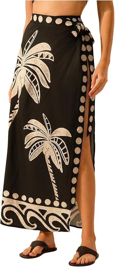 MakeMeChic Women's Boho Tropical Beach Cover Ups Wrap Long Skirts Split Thigh Tie Side Skirt Beac... | Amazon (US)