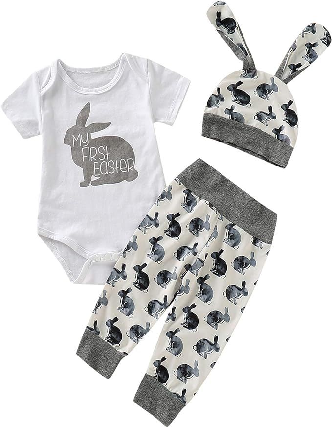 Shalofer Baby Boys Girls Infant My First Easter Bunny Print Bodysuit Rabbit Romper | Amazon (US)