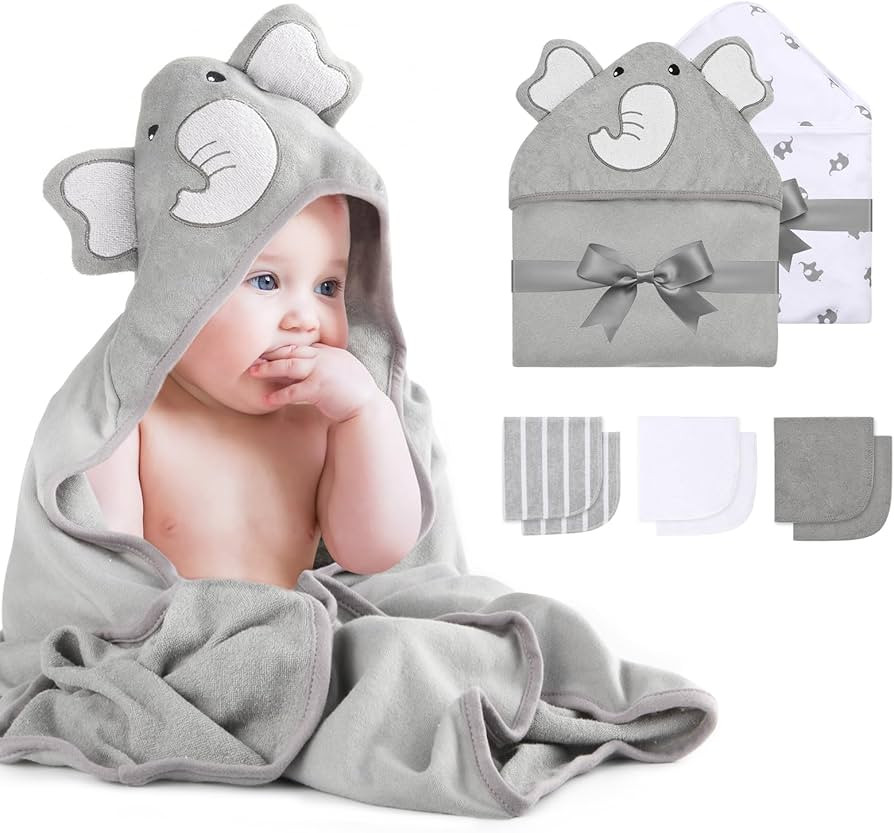 Momcozy Cute Elephant Hooded Baby Towel- 8 Piece Bath Essential, 2 x Towels and 6 x Wash Cloth Se... | Amazon (US)
