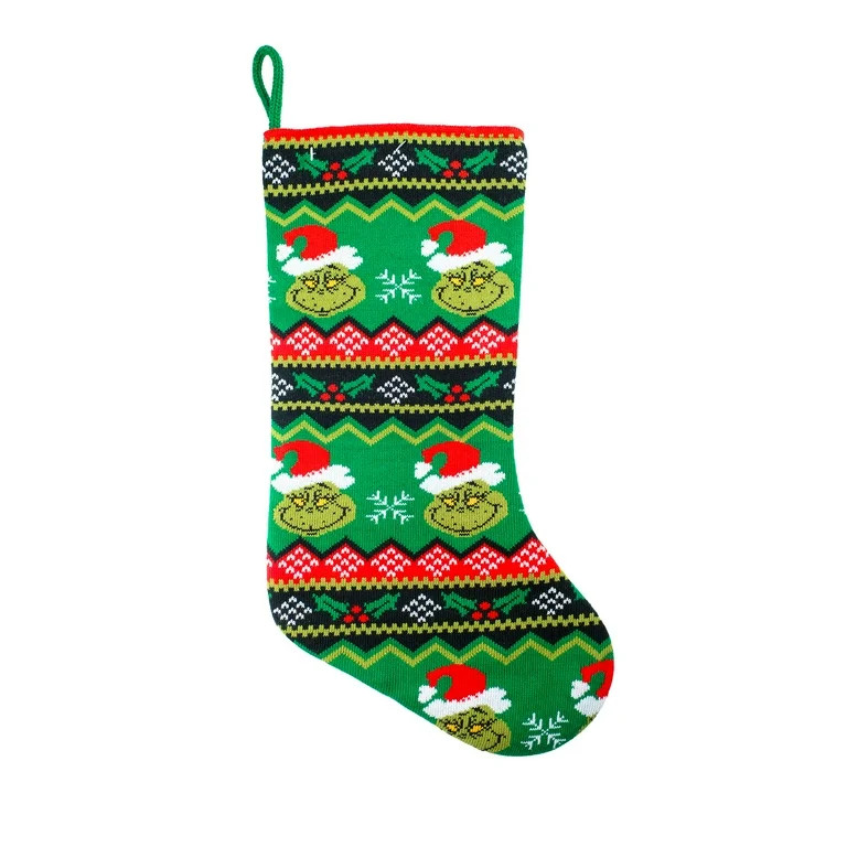 The Grinch Who Stole Christmas, 20 inch Knit Christmas Stocking, Grinch in a Santa Hat, Polyester... | Walmart (US)