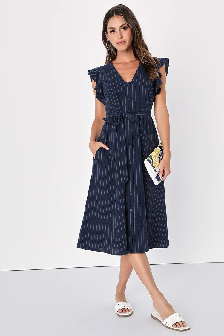 Charming Poise Navy Striped Button-Up Midi Dress With Pockets | Lulus (US)
