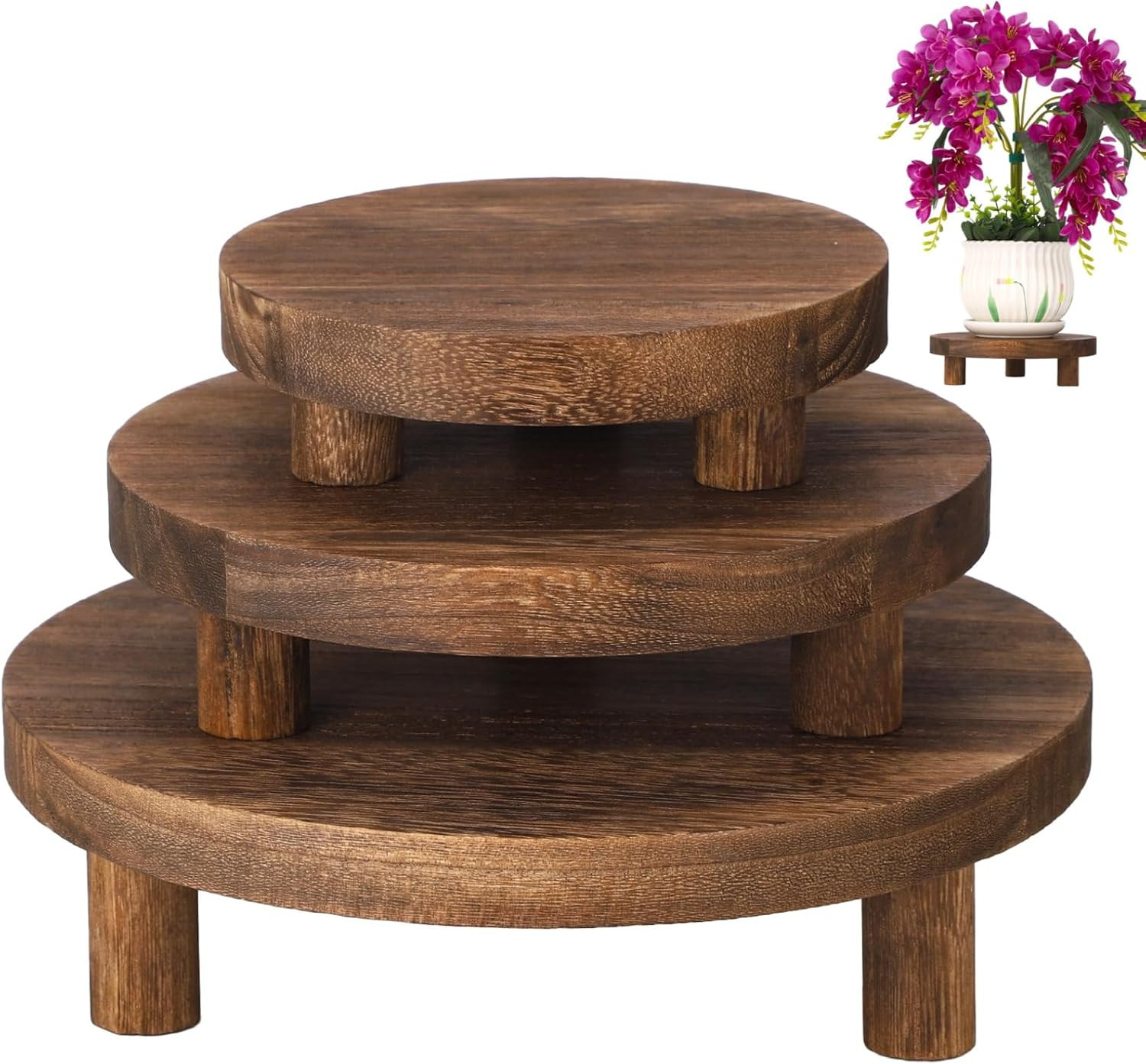 3 Pcs Wood Plant Stands, Vintage Wooden Pedestal Stands, Round Wood Display Risers, Decorative Planter Holders, Flower Pot Display Trays, 6", 8", 10", Ideal for Home Decor | Amazon (US)